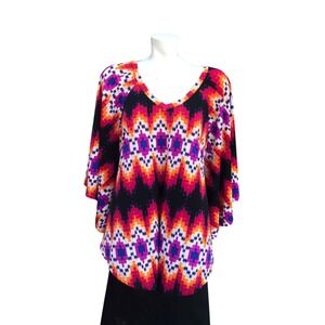 Geometric Poncho Top Multicolor V‎ Neck Dolman Sleeve Blouse